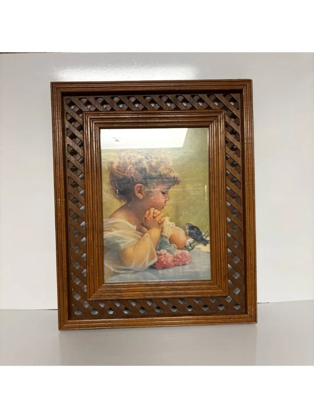 Vintage Praying Child Bird Print Wood Lattice Frame Religious Spring Wall Art
